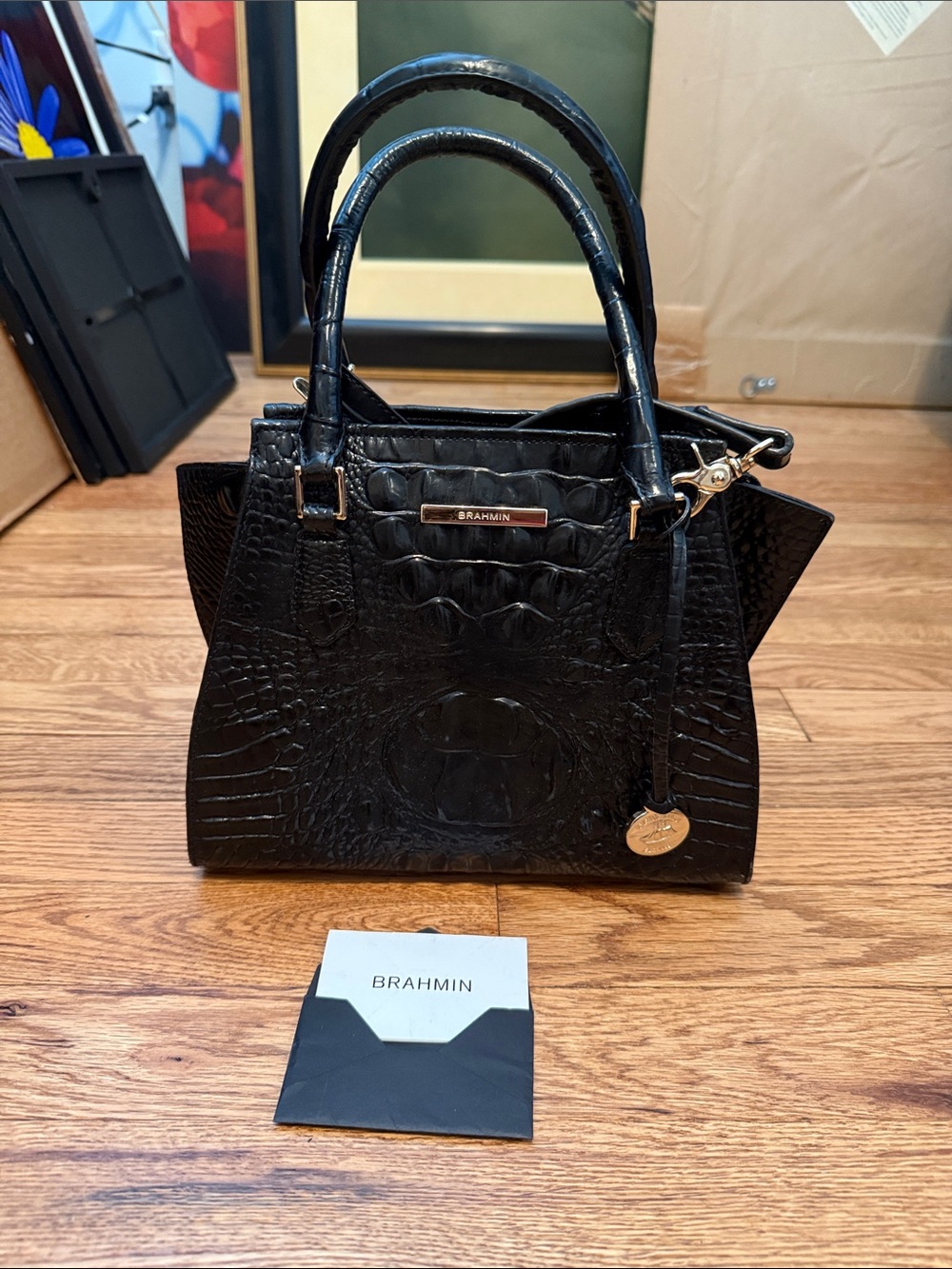 Brahmin Black Croc-Embossed Mini Satchel with Gold Hardware